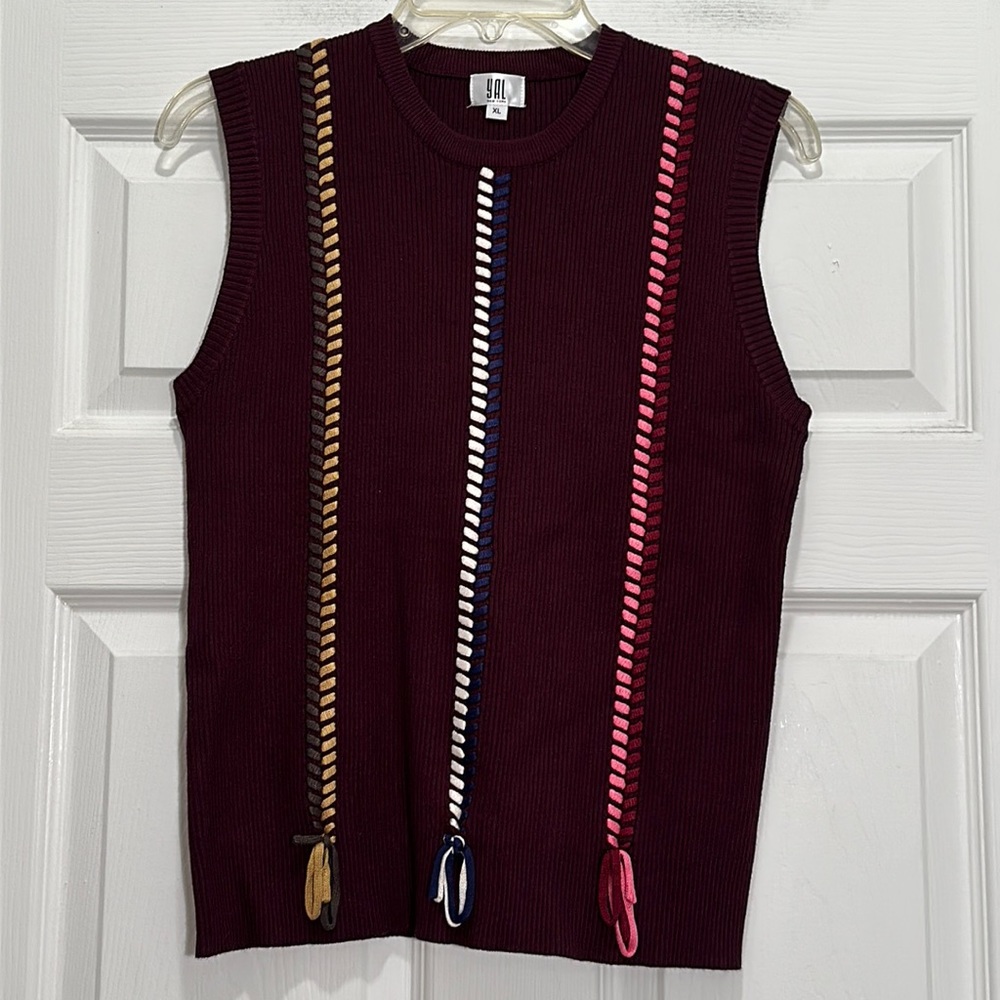 Yal Burgundy Sweater Vest w/ Multi Color Thread Detail